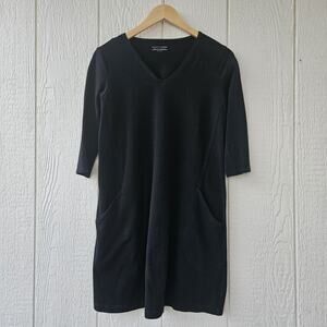 Eileen Fisher Shift Dress XXS Black Organic Cotton V Neck Career Office Staple